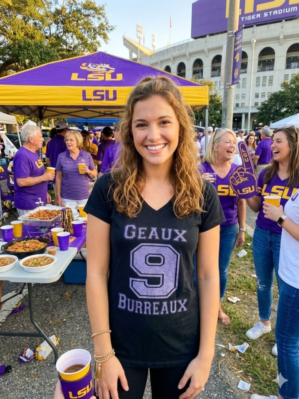 Women's Petite Geaux Burreaux Number Nine Black And Purple T-Shirt